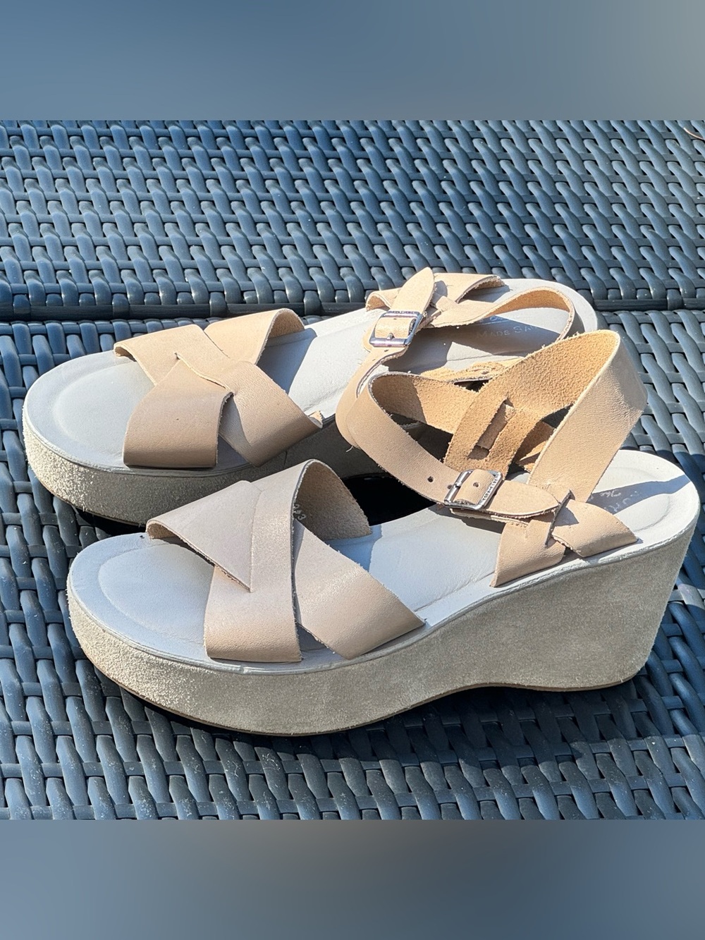 Kork-Ease Ava Gray Vachetta Leather & Suede Wedge Sandal - size 8